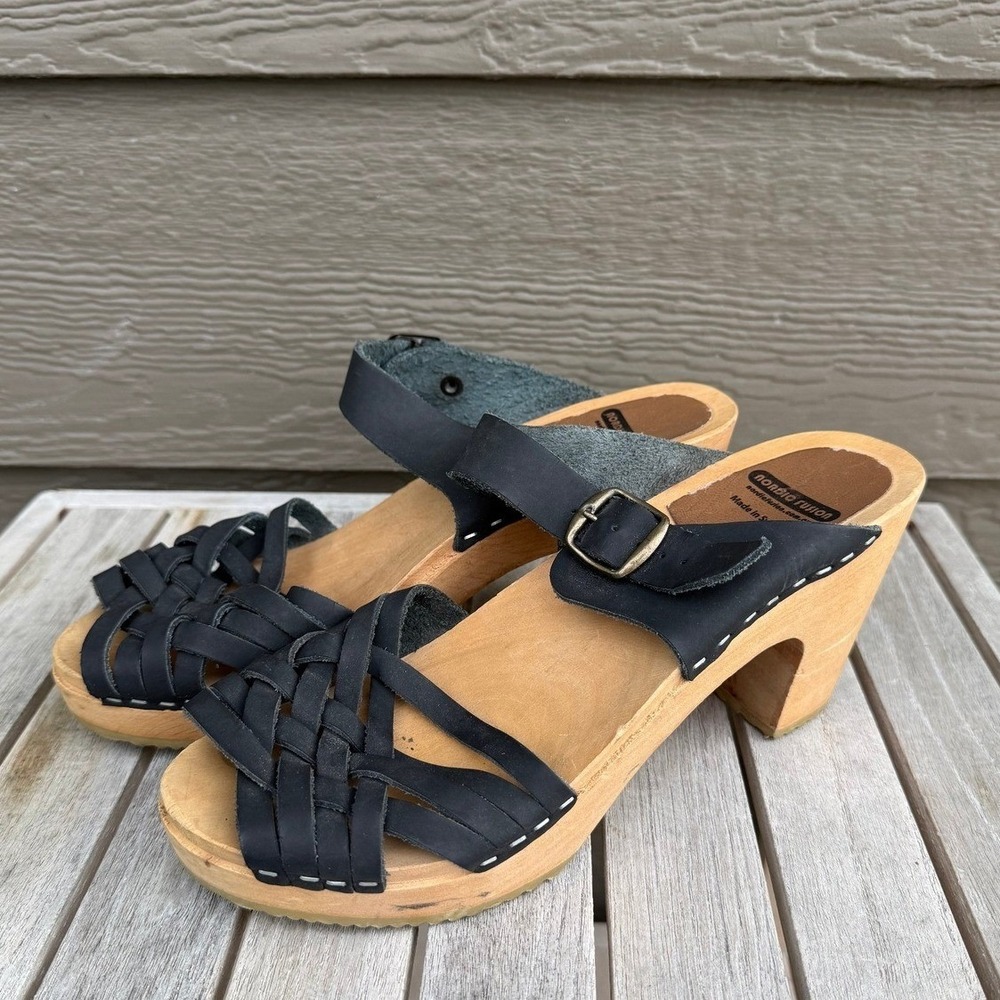 Made in Sweden Black Leather Clogs Wood Block Heel Sandals Size 39